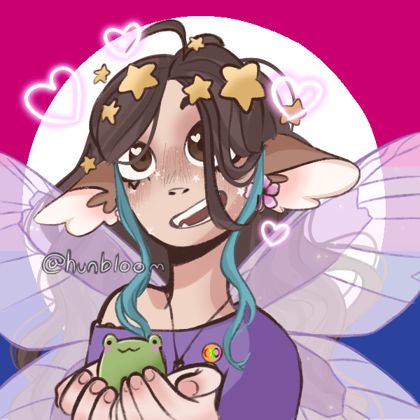 a picrew of a girl with large brown eyes and long brown hair with teal highlights. she has a purple shirt with an autism pin, purple fairy wings, and a crown of stars and hearts around her head. she is holding a frog, and there is a bisexual flag in the background.