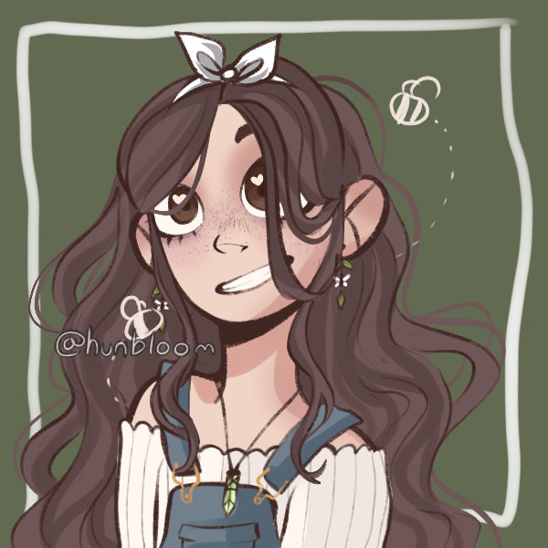 a picrew of a girl with large brown eyes and long brown hair. she is smiling wearing a lacy shirt under a pair of denim overalls.her accessories are green and white, as is the background of the image. cartoon bees circle her face.